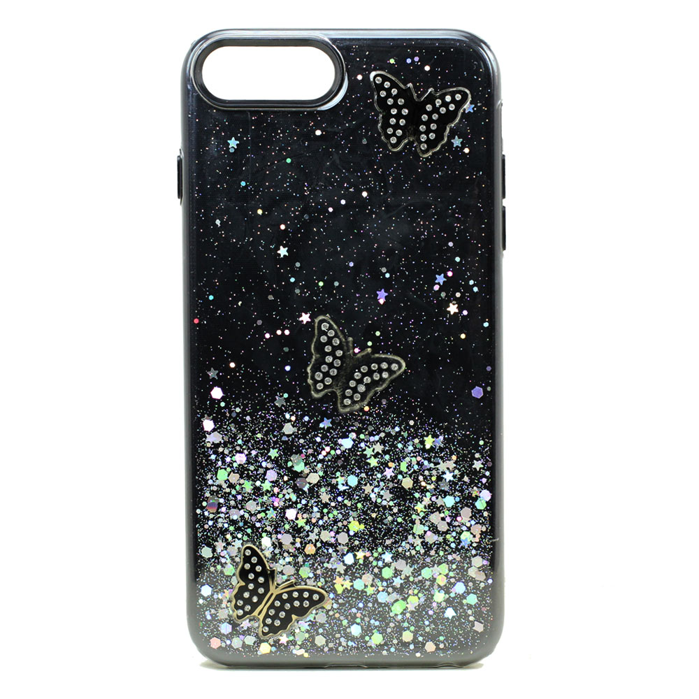 Glitter Jewel Butterfly Double Layer Hybrid Case Cover for Apple iPHONE SE2020 / 8 / 7 / 6 (Black)